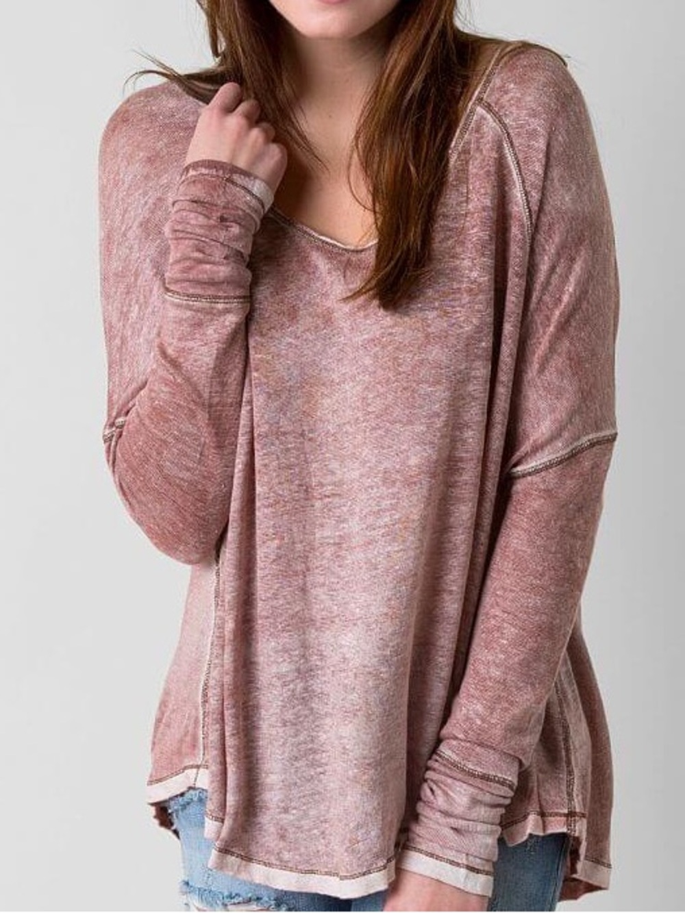 We The Free Scoop Neck Burnout Burgundy Slouchy Oversized Long Sleeve Top
